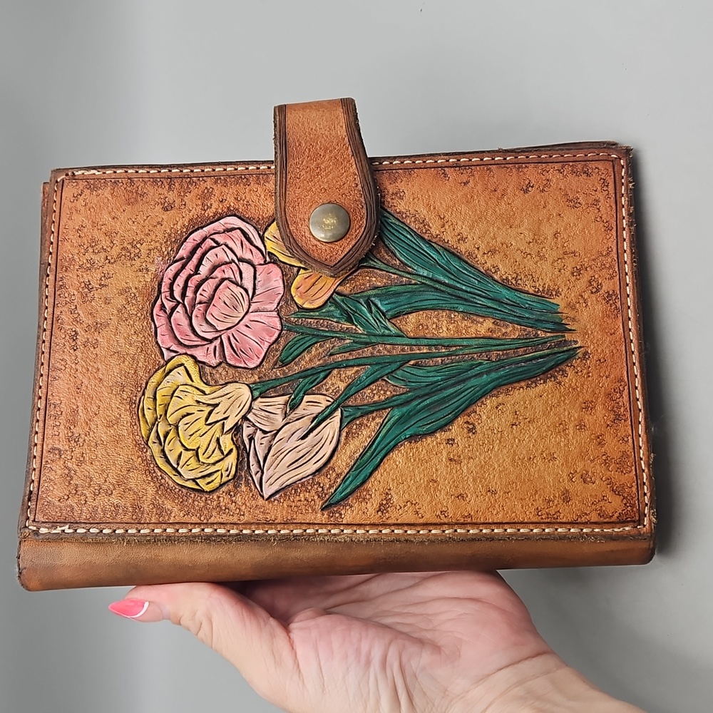 Hand Tooled & Painted Journel Cover Heavy Duty Leather Roses Flowers